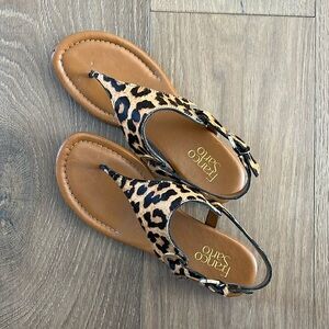 Franco Sarta Goldy cheetah sandals, size 8